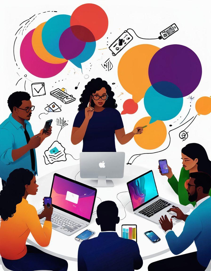A diverse group of creative individuals engaged in a vibrant brainstorming session, surrounded by digital devices showcasing storytelling elements like videos, graphics, and text. Include colorful abstract representations of ideas floating around, symbolizing unique insights and collaboration. The atmosphere is dynamic and inspiring, emphasizing connection and creativity. super-realistic. vibrant colors. white background.
